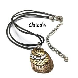 Chico’s Layered Metal Pendant Necklace Brown Leather Cord Silver Gold Tones